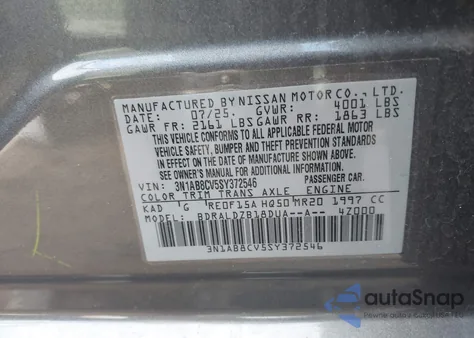 2025 Nissan Sentra Sv z USA, uszkodzony, nr VIN 3N1AB8CV5SY372546